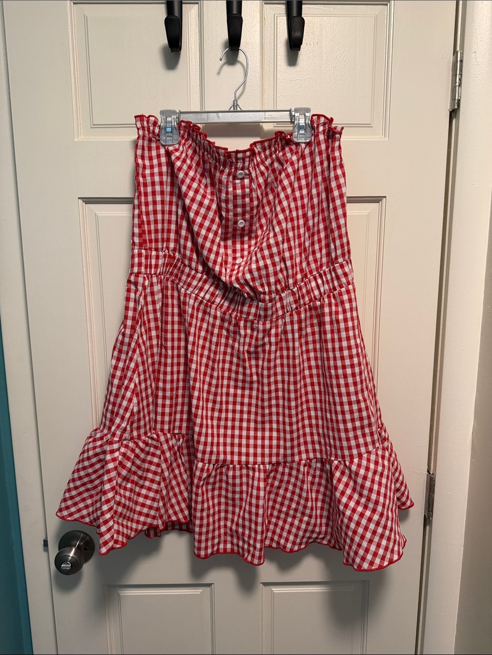 SHEIN Red Gingham Strapless Ruffle Hem Dress